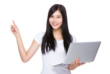 Woman use laptop and finger up