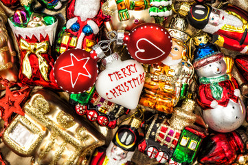 colorful christmas baubles, toys and garlands. vintage decoratio