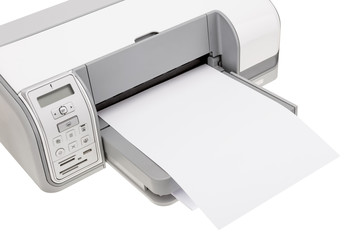Office printer with paper for printing text. Close-up.