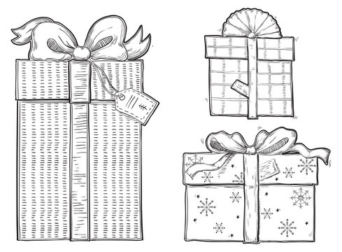 vector set of  of gift boxes with bows at retro engraving style.