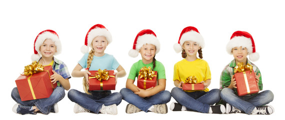 Christmas Kids, Present Gift Box, Children in Santa Red Hat