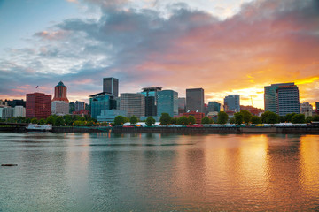 Downtown Portland cityscape at the sunset time