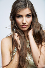 Naklejka premium Woman face with long curly hair on white background isolated clo