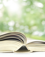 Open book close up, nature background
