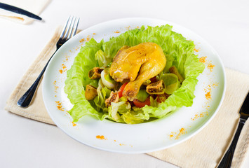 Close up Tasty Chicken Dish with Egg and Veggies