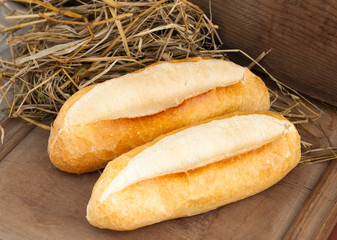 fresh baguettes  on a wooden table