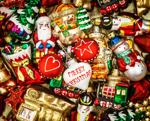 Fototapeta premium christmas baubles, toys and ornaments. retro style toned
