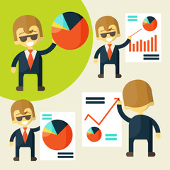 Cheerful businessman in various poses chart shows success.