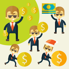 Set of cheerful businessman with his money.