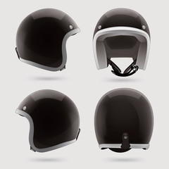 Black motorbike classic helmet. Front, back and side view.