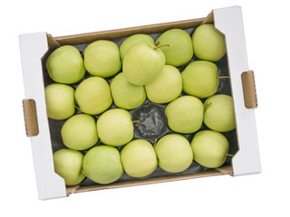 Large wholesale box of Golden Delious yellow green apples, isola