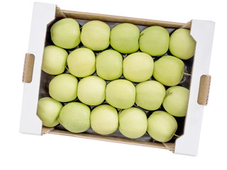 Box of Golden Delicious green yellow apples, wholesale pack, iso