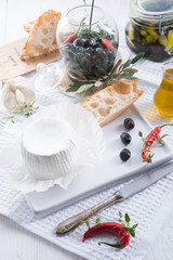 soft cheese with spicy olives
