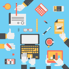 Flat style modern business technology desktop hands icon set