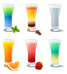 Different cocktails and juices on white