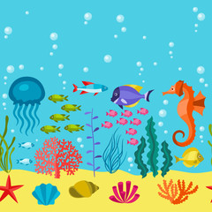 Marine life seamless pattern with sea animals.