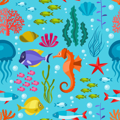 Naklejka na ściany i meble Marine life seamless pattern with sea animals.