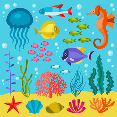 Obraz premium Marine life set of icons, objects and sea animals.