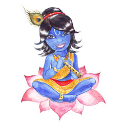 Indian God Krishna. Watercolor illustration.