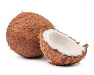 Two coconut one of which split isolated - 72874954