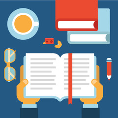 Flat style modern business desktop book reading hands icon set
