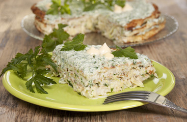 Cake  of  pancakes zucchini  with curd cream with parsley, dill.