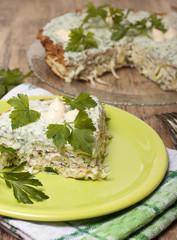 Cake  of  pancakes zucchini  with curd cream with parsley, dill.