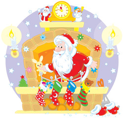 Santa Claus with Christmas gifts in the fireplace