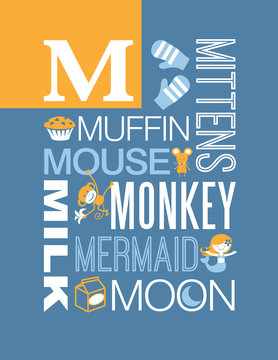 Letter M words typography illustration alphabet poster design