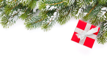 Christmas gift box and snow fir tree
