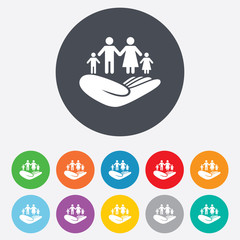 Family insurance sign. Hand holds human group.