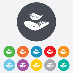 Nature insurance sign. Hand holds leaf symbol