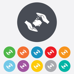 Obraz premium Piggy bank money sign icon. Hands protect cash.