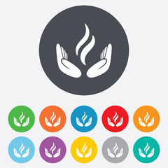 Energy hands sign icon. Power from hands symbol.