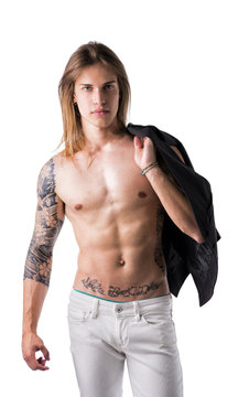 Beautiful Young Long Haired Man Holding Jacket Over Shoulder