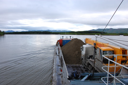 Cargo ship at Kolyma river Russia outback