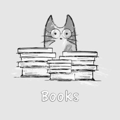Vector illustration, hand drawn cat, glasses, books