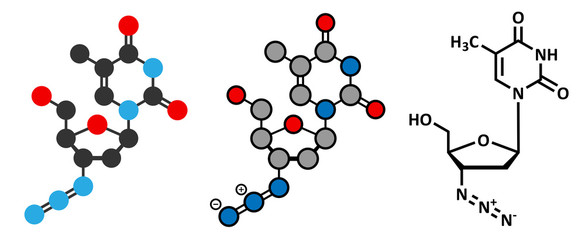 Zidovudine (azidothymidine, AZT) HIV drug molecule.