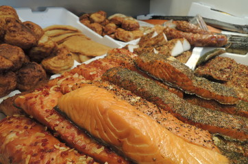 Assorted selection of smoked fish in fish shop