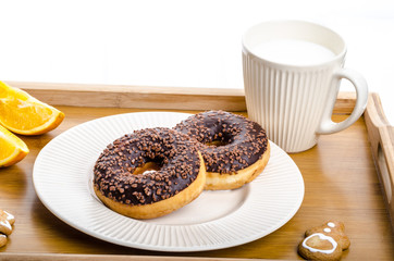 Breakfast tray donut orange and milk