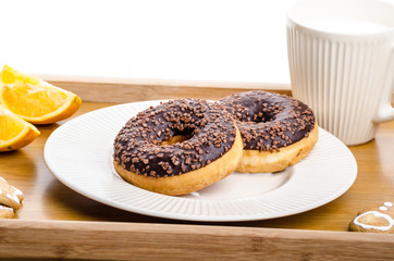 Breakfast tray donut orange and milk