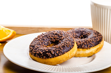 Breakfast tray donut orange and milk