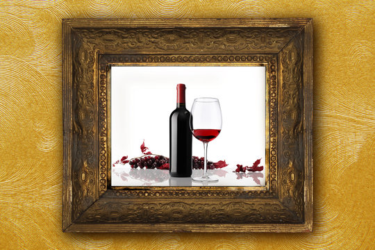 wine bottle glass red grapes on old picture frame