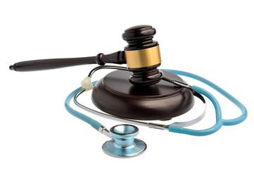 Stethoscope with judge gavel isolated on white