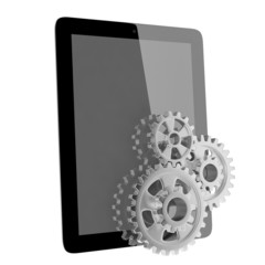 tablet pc and gears on white isolated background.