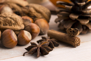 Different kinds of spices, nuts and dried oranges - christmas de