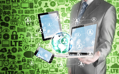 Business man using tablet PC and smartphone social connection