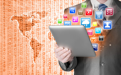 Business man use tablet pc with colorful application icons