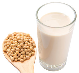 Soybean in a white bowl and a glass of soybean milk over white 