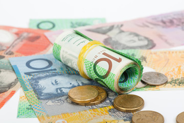 Obraz na płótnie Canvas Australian Dollar banknotes on white background